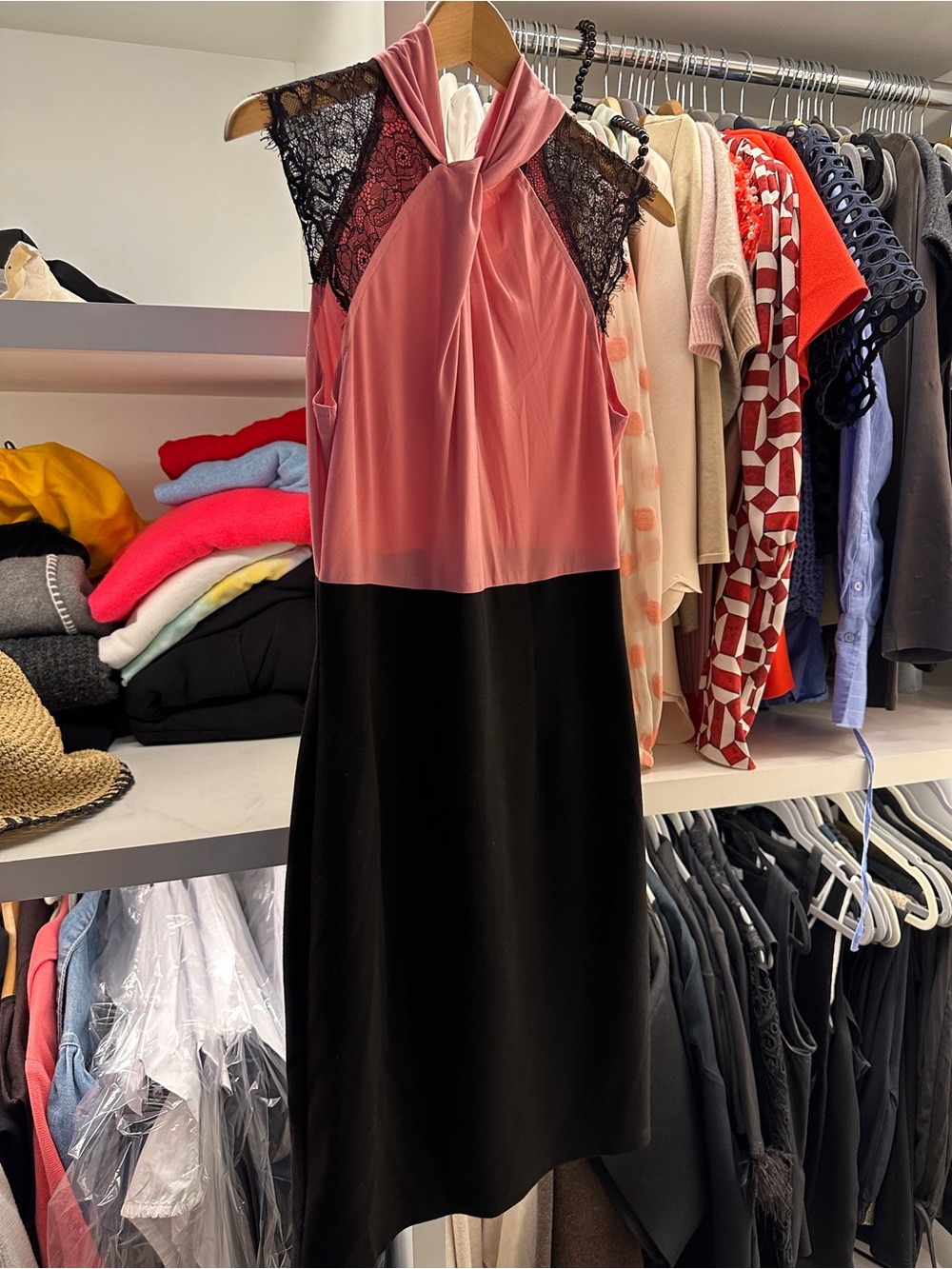 Sleeveless Pink and Black Lace-Accent Midi Dress